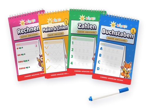 kikolu Zauberhefte 4er-Set – Buchstaben, Zahlen, Malen & Linien und Rechnen mit Zauberstift (freigestellt)